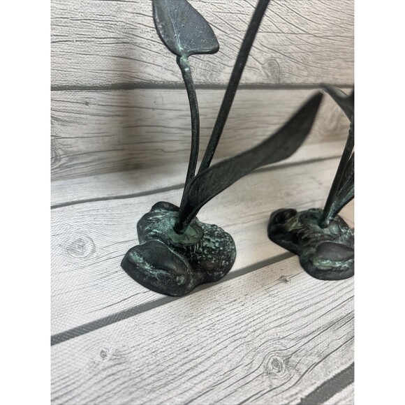 VINTAGE Verdigris Calla Lily Brass Candle Holder Art Nouveau Patina Leave Flower - Picture 7 of 10